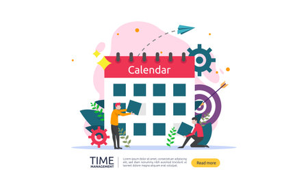 time management and procrastination concept. planning and strategy for business solutions with clock, calendar and tiny people character for presentation, social and print media. Vector illustrationのイラスト素材