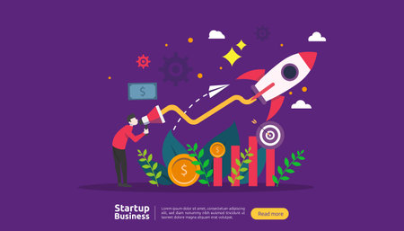 start up idea concept. project business with rocket tiny people character. new product or service launch template for web landing page, banner, presentation, social, print media. Vector illustrationのイラスト素材