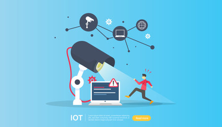 CCTV security camera monitoring. thief shocked detected. IOT internet of things smart house concept for industrial 4.0. web landing page template, banner, social, print media. Vector illustrationのイラスト素材