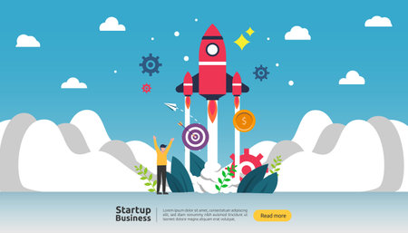 start up idea concept. project business with rocket tiny people character. new product or service launch template for web landing page, banner, presentation, social, print media. Vector illustrationのイラスト素材