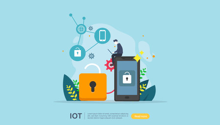 IOT smart house monitoring concept for industrial 4.0. home remote lock technology on smartphone screen app of internet of things. web landing page template, banner, print media. Vector illustrationのイラスト素材