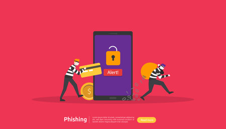 internet security concept with tiny people character. password phishing attack. stealing personal data. web landing page, banner, presentation, social, and print media template. Vector illustrationのイラスト素材