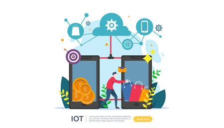 IOT smart house monitoring concept for industrial 4.0 online market on smartphone screen of internet of things connected objects. web landing page template, banner, print media. Vector illustrationのイラスト素材