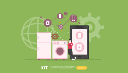 IOT smart house monitoring concept for industrial 4.0. remote appliances technology on smartphone screen app of internet of things. web landing page template, banner, print media. Vector illustrationのイラスト素材