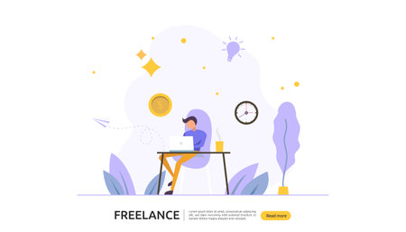 Freelance concept. freelancer teleworking or work at home. people character working with laptop. flat template for web landing page, banner, presentation, social, and print media. Vector illustrationのイラスト素材