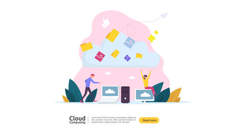 Cloud computing concept. Hosting network service or Online database storage system with people character for web landing page template, banner, presentation, social, and print media with flat styleのイラスト素材