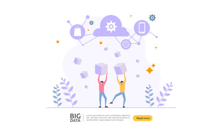 big data and analysis processing concept landing page template. cloud database service, server center room rack with interacting people character for banner, presentation, social or print media.のイラスト素材