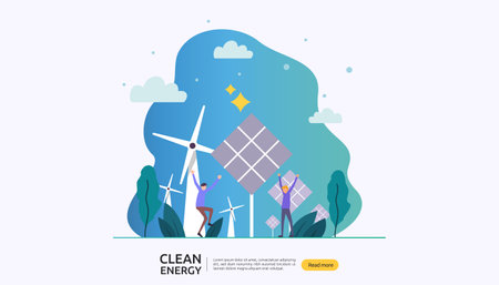 green clean energy sources. renewable electric sun solar panel and wind turbines. environmental concept with people character. web landing page template, banner, presentation, social, and print mediaのイラスト素材