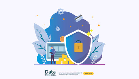 Safety and confidential data protection. VPN internet network security. Traffic encryption personal privacy concept with people character. web landing page, banner, presentation, social or print mediaのイラスト素材