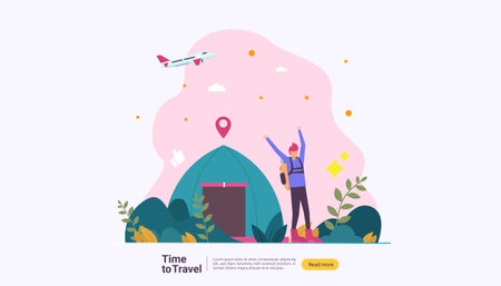backpacker travel adventure concept. outdoor vacation recreation in nature theme of hiking, climbing and trekking with people character. template for landing page, banner, poster, ad or print media.のイラスト素材