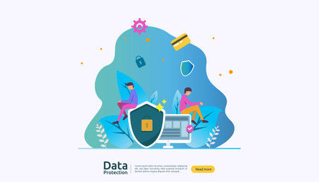 Safety and confidential data protection. VPN internet network security. Traffic encryption personal privacy concept with people character. web landing page, banner, presentation, social or print mediaのイラスト素材