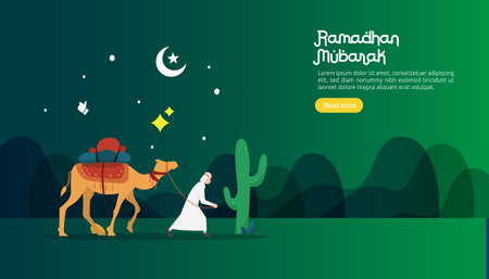 happy ramadan mubarak greeting concept with people character for web landing page template, banner, presentation, social, and print media. islamic eid fitr or adha flat design vector illustration.のイラスト素材