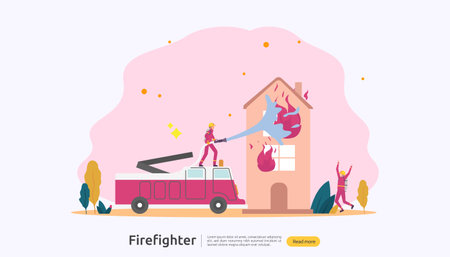 Firefighter using water spray from hose for fire fighting burning house. fireman in uniform, fire department rescuer. illustration for web landing page, banner, presentation, promotion or print mediaのイラスト素材