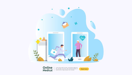Flat online medical advice or health care service. Call doctor support concept with people character. template for web landing page, banner, presentation, social, poster, ad, promotion or print media.のイラスト素材