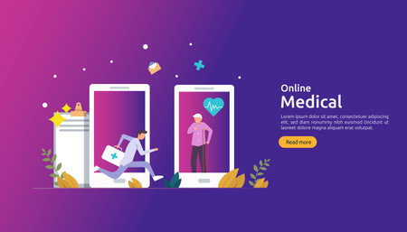 Flat online medical advice or health care service. Call doctor support concept with people character. template for web landing page, banner, presentation, social, poster, ad, promotion or print media.のイラスト素材