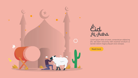 islamic design illustration concept for Happy eid al adha or sacrifice celebration event with people character for web landing page, banner, presentation, poster, ad, promotion or print media.のイラスト素材