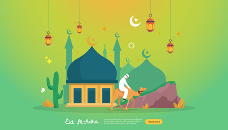 islamic design illustration concept for Happy eid al adha or sacrifice celebration event with people character for web landing page, banner, presentation, poster, ad, promotion or print media.のイラスト素材