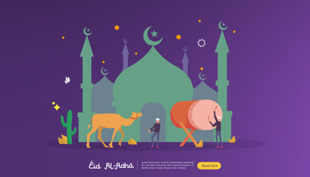 islamic design illustration concept for Happy eid al adha or sacrifice celebration event with people character for web landing page, banner, presentation, poster, ad, promotion or print media.のイラスト素材