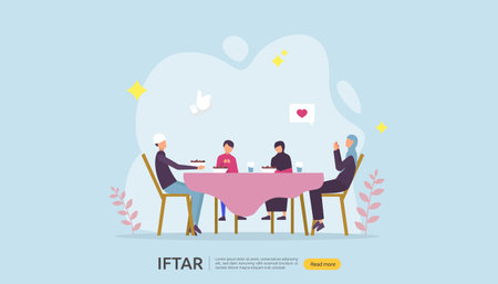 Iftar Eating After Fasting feast party concept. Moslem family dinner on Ramadan Kareem or celebrating Eid with people character. web landing page template, banner, presentation, social or print mediaのイラスト素材