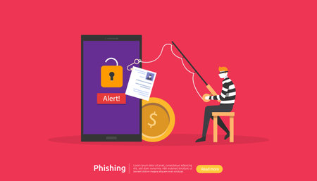 internet security concept with tiny people character. password phishing attack. stealing personal data. web landing page, banner, presentation, social, and print media template. Vector illustrationのイラスト素材