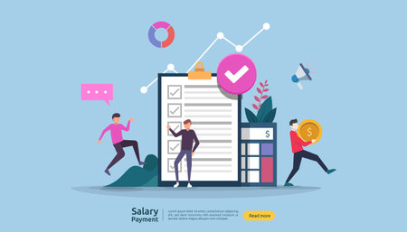 Payroll income concept. salary payment annual bonus. payout with paper, calculator, and people character. web landing page template, banner, presentation, social, and print media. Vector illustrationのイラスト素材
