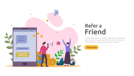 refer a friend strategy and affiliate marketing concept . people character sharing referral business partnership and earn money. template for web landing page, banner, poster, print mediaのイラスト素材