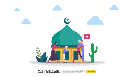 islamic design illustration concept for Happy eid mubarak or ramadan greeting with people character. template for web landing page, banner, presentation, social, poster, ad, promotion or print media.のイラスト素材