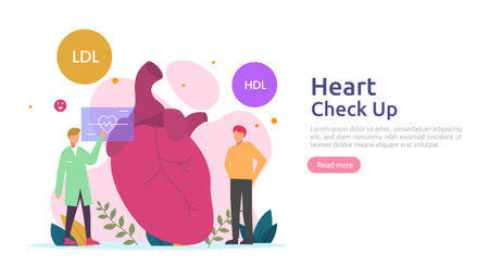 Heart health, disease, cardiology concept with character. hypertension symptoms & cholesterol blood pressure measurement. Medical examination doctor checkup services for healthcare and transplantationのイラスト素材