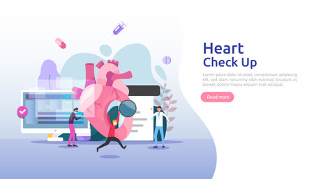 Heart health, disease, cardiology concept with character. hypertension symptoms & cholesterol blood pressure measurement. Medical examination doctor checkup services for healthcare and transplantationのイラスト素材