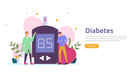 Diabetes mellitus monitoring concept. sugar level blood measures with glucose testing meter. insulin injection treatment and diet control therapy. illustration template for web landing pageのイラスト素材