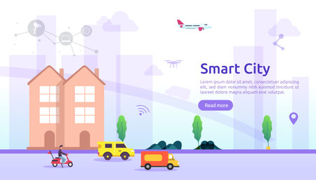 Smart city services concept with internet of things networks and augmented reality. Urban landscape with buildings, skyscrapers, transport traffic. flat style vector illustration for web landing pageのイラスト素材