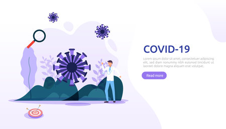 people fight covid-19 corona virus illustration concept. research concept for coronavirus 2019-nCoV vaccine. web landing page template, banner, presentation, social, poster, ad, or print mediaのイラスト素材