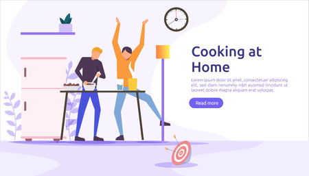 cooks in the kitchen together concept. vector illustration template for web landing page, banner, presentation, social, poster, ad, promotion or print mediaのイラスト素材