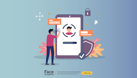Face recognition data security design. facial biometric identification system scanning on smartphone. web landing page template, banner, presentation, social, poster, ad, promotion or print media.のイラスト素材