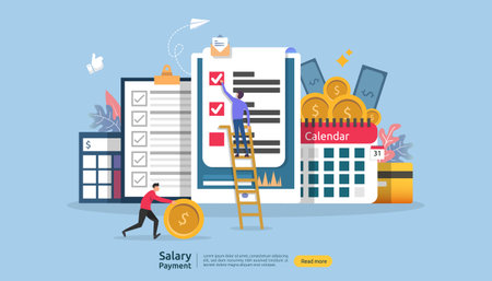 Payroll income concept. salary payment annual bonus. payout with paper, calculator, and people character. web landing page template, banner, presentation, social, and print media. Vector illustration.のイラスト素材