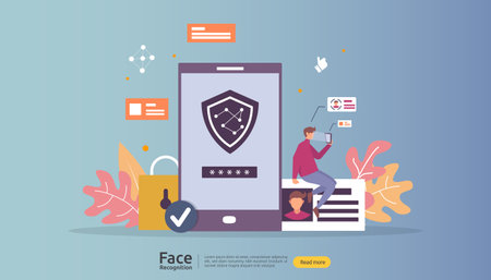Face recognition data security design. facial biometric identification system scanning on smartphone. web landing page template, banner, presentation, social, poster, ad, promotion or print media.のイラスト素材