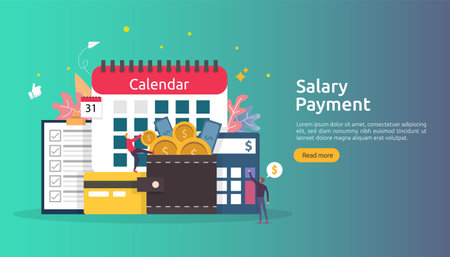 Payroll income concept. salary payment annual bonus. payout with paper, calculator, and people character. web landing page template, banner, presentation, social, and print media. Vector illustration.のイラスト素材