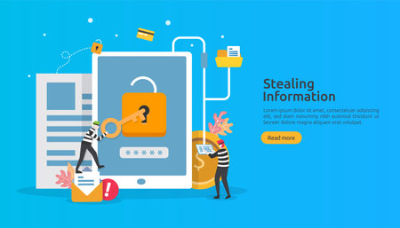 internet security concept with people character. password phishing attack. stealing personal information data web landing page, banner, presentation, social, print media template. Vector illustration.のイラスト素材