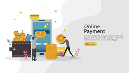 E-commerce market shopping online illustration with tiny people character. mobile payment or money transfer concept. template for web landing page, banner, presentation, social media, print media.のイラスト素材