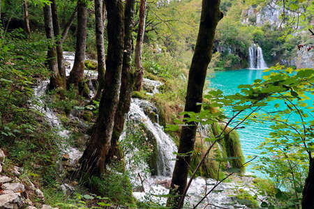 The famous Plitvice lakes national park in craotiaの写真素材