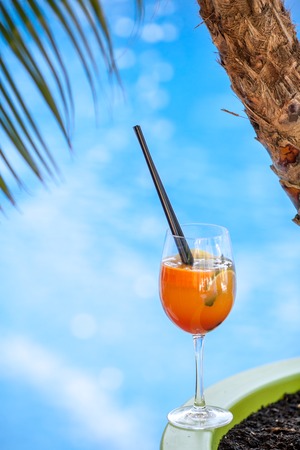 orange cocktail on swimming pool and palm tree background. Summer vacation concept. Rrefreshing beverageの写真素材