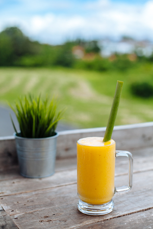 Glass jar with Freshly Pressed Tropical Fruits mango Juice bamboo Straw Standing on Wood Table at garden.の写真素材