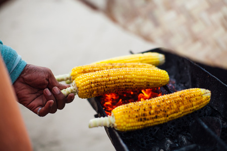 grilled sweet corn near the beach during sunset time,barbecue conceptの写真素材