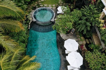 Top view of luxury round pool with white umbrellas and sun beds in tropical jungle and palm trees. Luxurious villa, swimming pool in forest, Ubud, Baliの写真素材