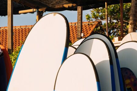Close up Set of white and blue surfboard for rent on the beach. Multicolored surf boards different sizes and colors surfing boards on stand, surfboards rental place.の写真素材