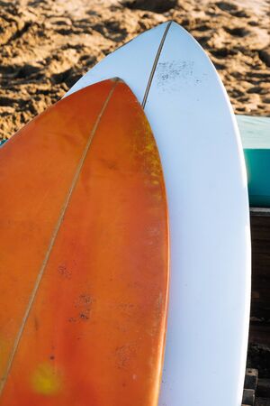 Two white and yellow surf boards lying on sandy beach by ocean..Bali.Indonesia. Surf boards on sandy beach for rent. Surf lessons on Weligama beach, Sri Lanka.の写真素材