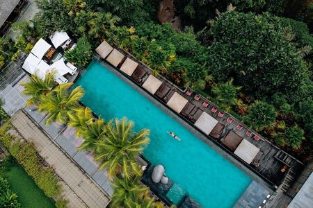 Aerial view of luxury pool with umbrellas and swimming around palm trees and jungle.Vacation...