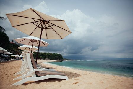 chairs and white umbrella on the beach. Banner.Summer.Travel,Vacation conceptの写真素材