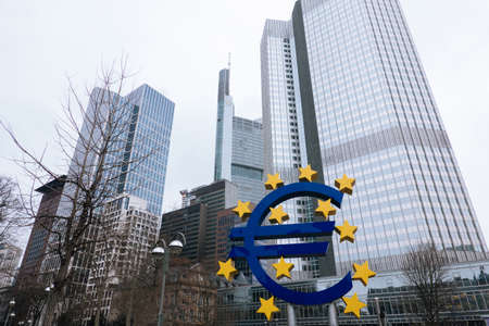 FRANKFURT-AM-MAIN, GERMANY - MARCH 2020: buildings of the European Central Bank and Euro sign in rainy fog weather in springのeditorial素材