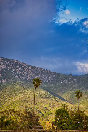 Mountain landscape with palm trees and blue sky with white clouds.の写真素材